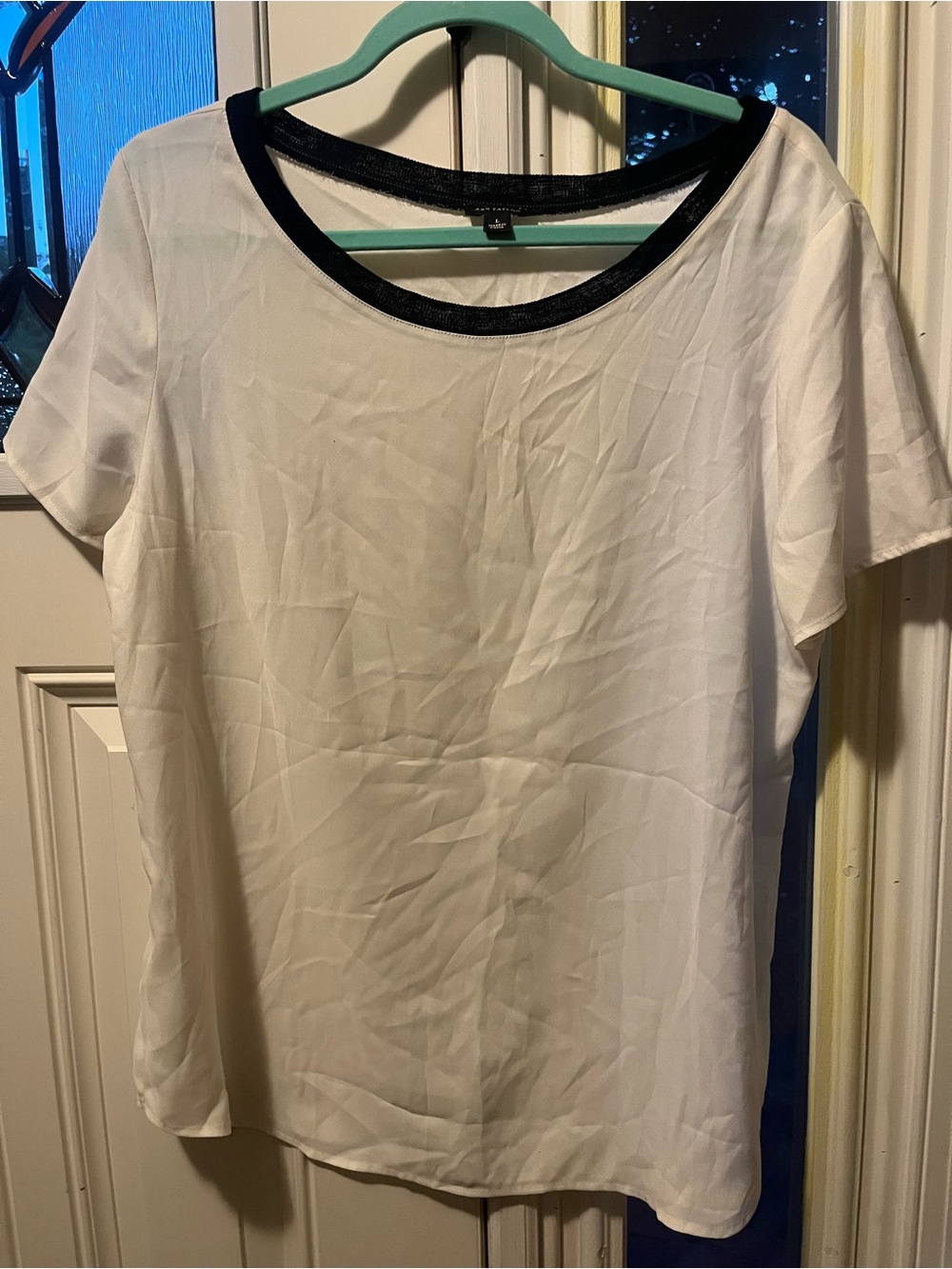 LOFT White Short-Sleeve Blouse with Black Trim